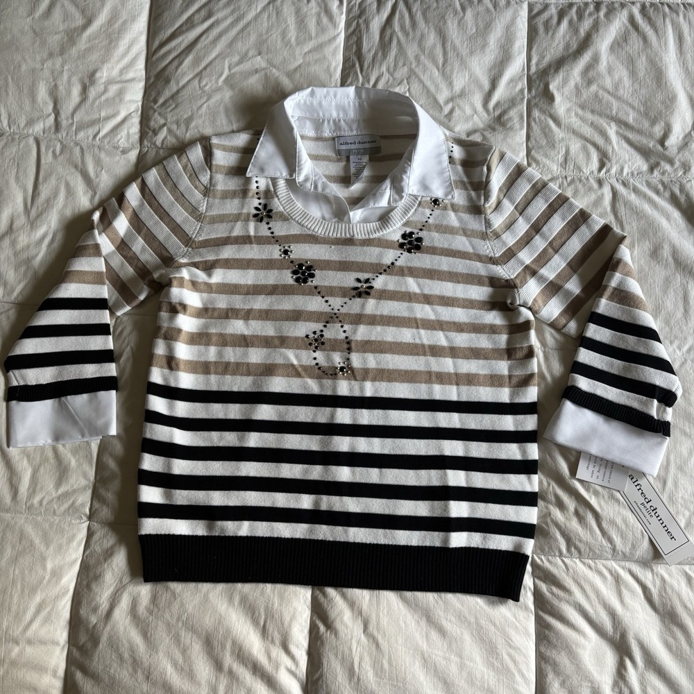 NWT Alfred Dunner Collared Sweater Women PS Stripe Neutral Rhinestone Coastal